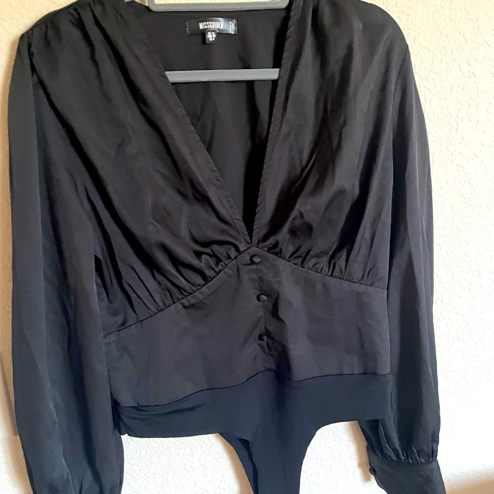 Black deep v button detail bodysuit - missguided US size 8
